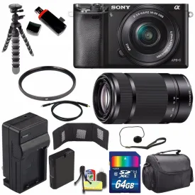 Sony Alpha a6000 Mirrorless Digital Camera with 16-50mm Lens (Black)   Sony E 55-210mm f/4.5-6.3 OSS E-Mount Lens 64GB Advanced Bundle