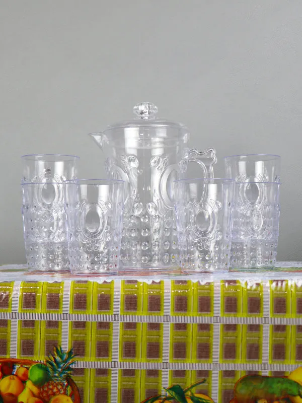 02 Plastic Novel Jug with 6 Glass Set of 7 White