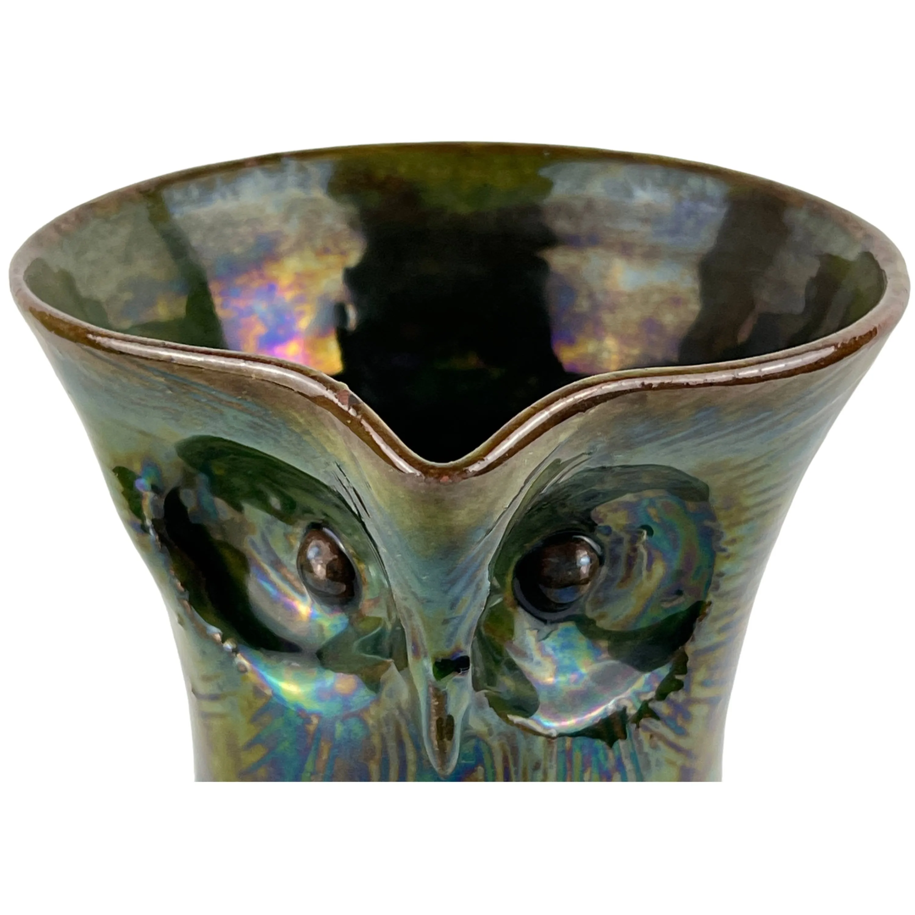 Antique Watcombe Pottery Owl Jug Green Iridescent Metallic Lustreware