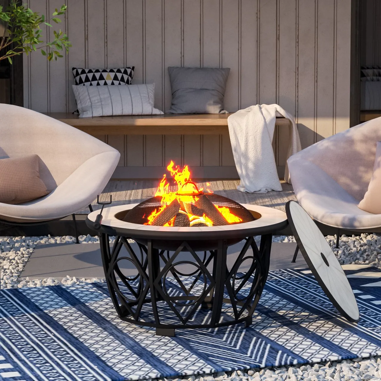 Dia 76 cm Patio White Mosaic Round Fire Pit Multi-functional