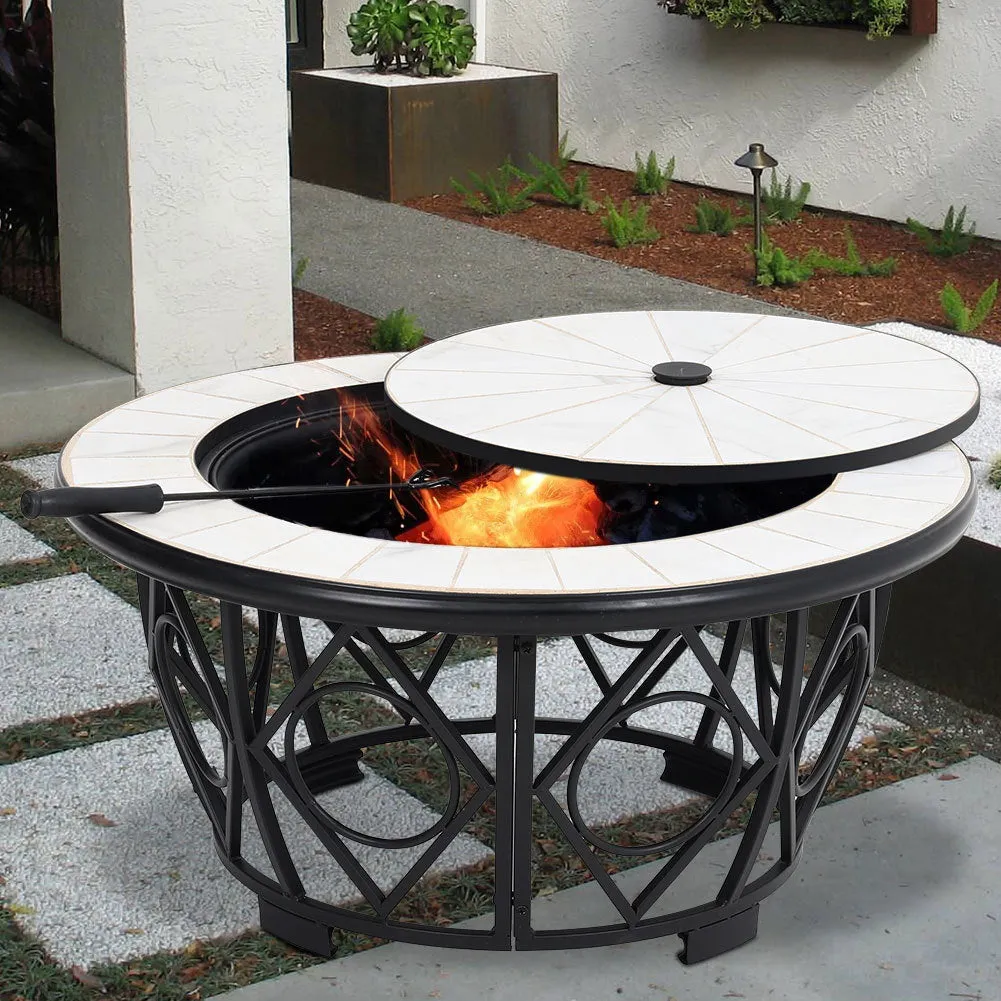 Dia 76 cm Patio White Mosaic Round Fire Pit Multi-functional