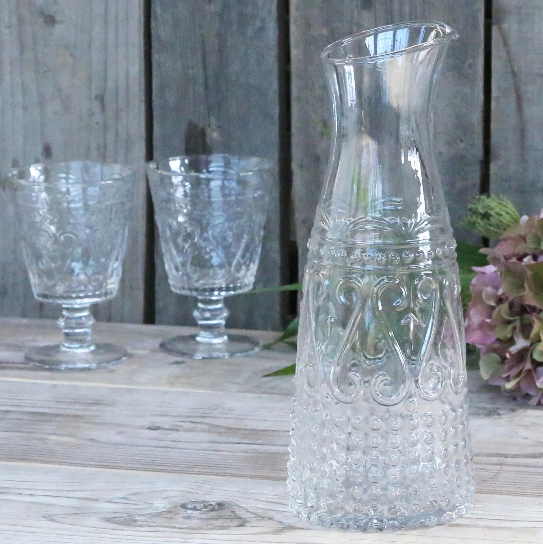 Elegant Pressed Glass Carafe and Jug