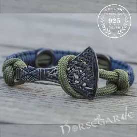 Handcrafted Lilypad Paracord Bracelet with Axe Head and Rune - Ruthenium Plated Sterling Silver