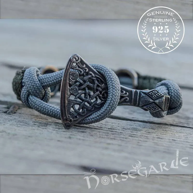 Handcrafted Olive Paracord Bracelet with Axe Head and Rune - Ruthenium Plated Sterling Silver