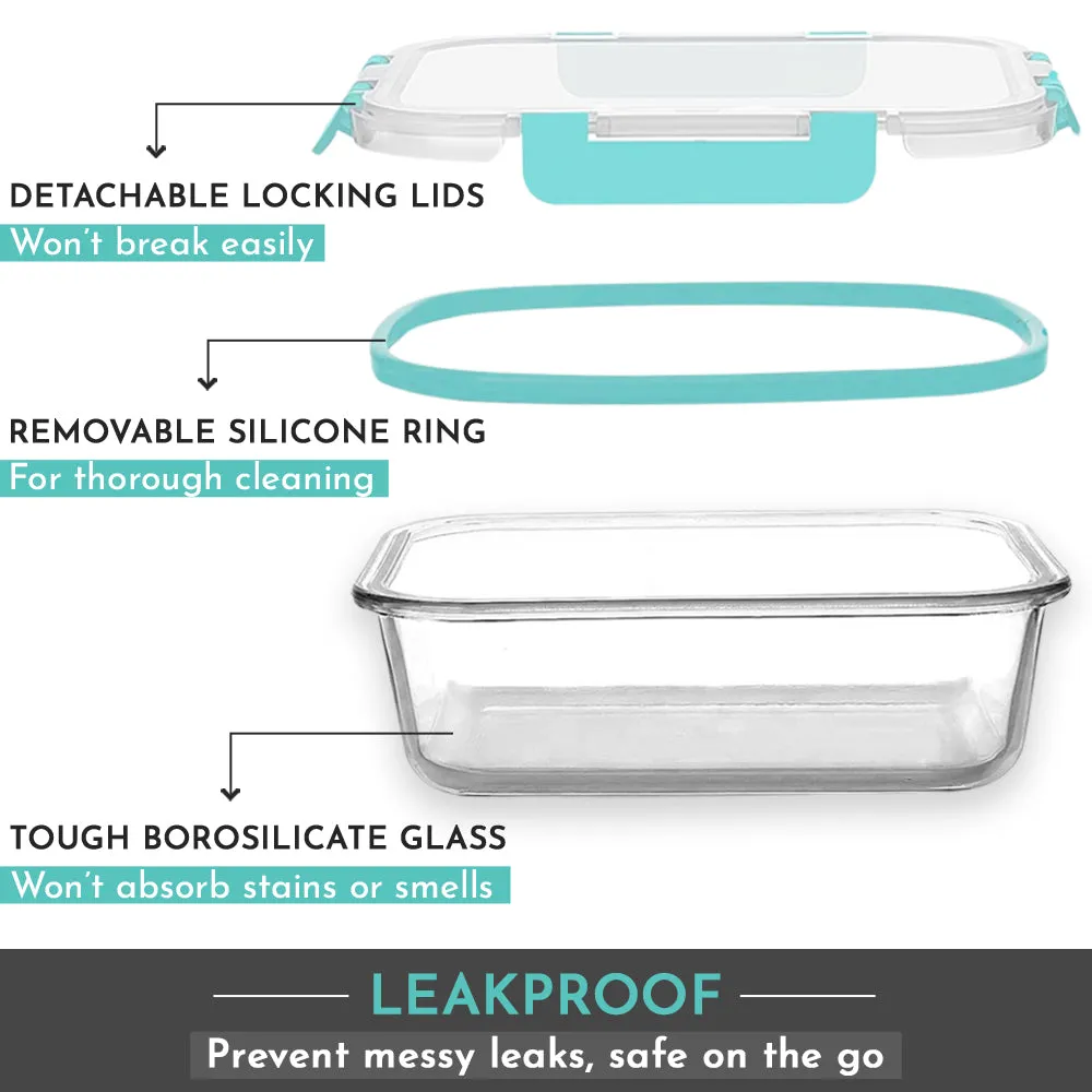 Magnus Glock Glass Food Rectangle Container with Break-Free Detachable Lock, Oven & Microwave Safe Borosilicate Glass 640ML, Lunch Box for Kitchen Essentials, Lunch Boxes for Office Men, Green