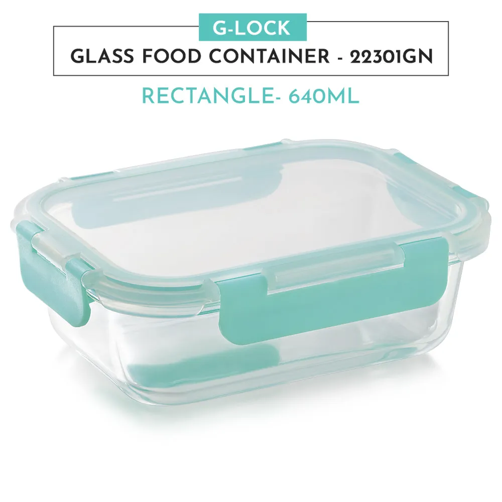 Magnus Glock Glass Food Rectangle Container with Break-Free Detachable Lock, Oven & Microwave Safe Borosilicate Glass 640ML, Lunch Box for Kitchen Essentials, Lunch Boxes for Office Men, Green