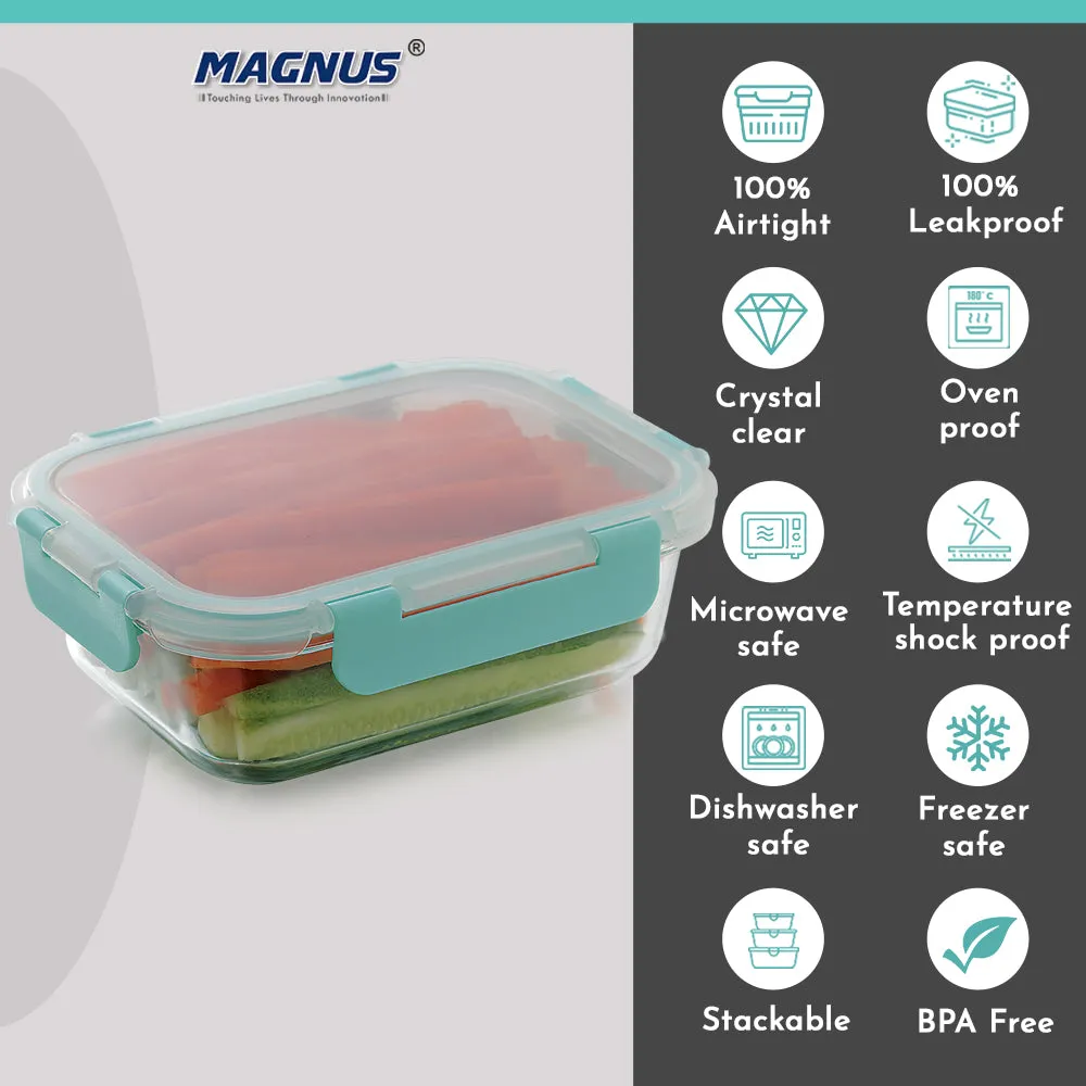 Magnus Glock Glass Food Rectangle Container with Break-Free Detachable Lock, Oven & Microwave Safe Borosilicate Glass 640ML, Lunch Box for Kitchen Essentials, Lunch Boxes for Office Men, Green