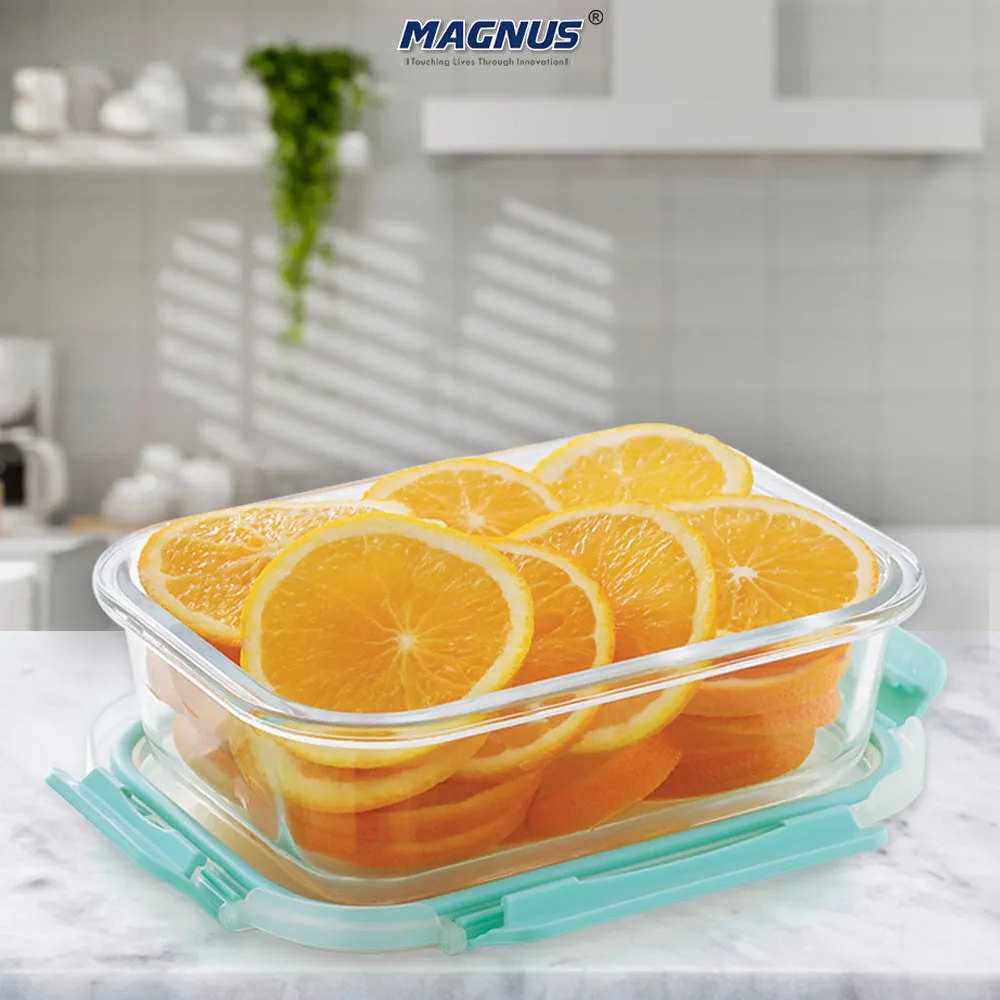 Magnus Glock Glass Food Rectangle Container with Break-Free Detachable Lock, Oven & Microwave Safe Borosilicate Glass 640ML, Lunch Box for Kitchen Essentials, Lunch Boxes for Office Men, Green