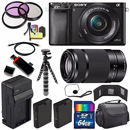 Sony Alpha a6000 Mirrorless Digital Camera with 16-50mm Lens (Black)   Sony E 55-210mm f/4.5-6.3 OSS E-Mount Lens 64GB Ultimate Bundle