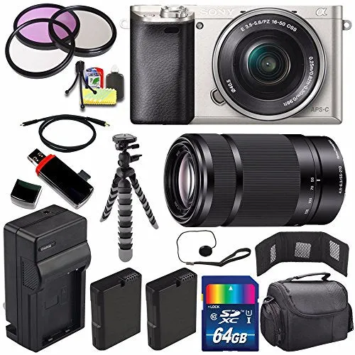 Sony Alpha a6000 Mirrorless Digital Camera with 16-50mm Lens (Silver)   Sony E 55-210mm f/4.5-6.3 OSS E-Mount Lens 64GB Bundle