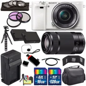 Sony Alpha a6000 Mirrorless Digital Camera with 16-50mm Lens (White)   Sony E 55-210mm f/4.5-6.3 OSS E-Mount Lens 144GB Bundle